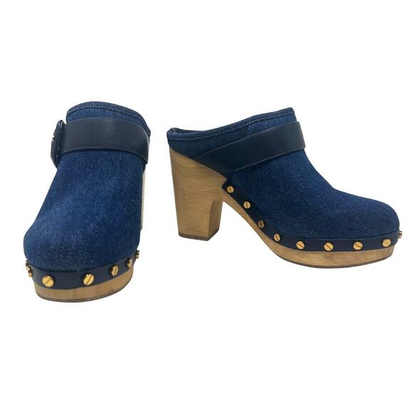 Veronica‎ Beard Dacey Denim Clogs Heels Studded Buckle Wood Blue Size 6 - Picture 3 of 13